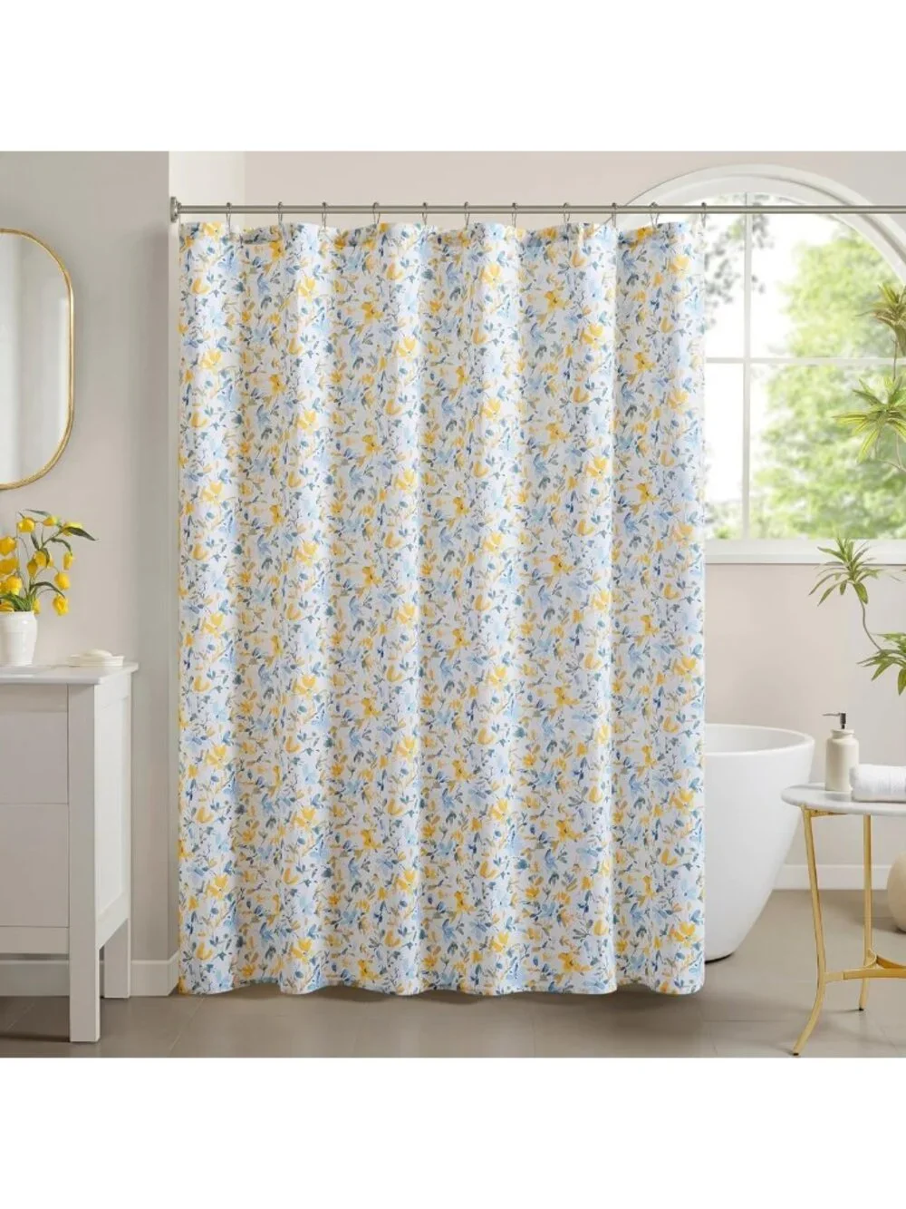 100% Cotton Floral Shower Curtain - Watercolor Botanical Design, Spa-Like Decor